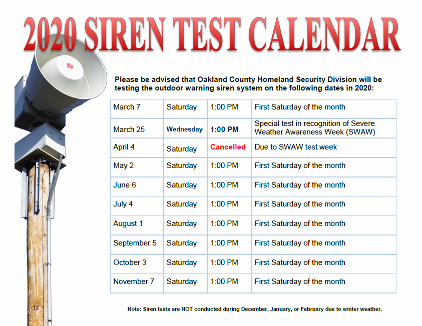 Siren Test Calendar 2020